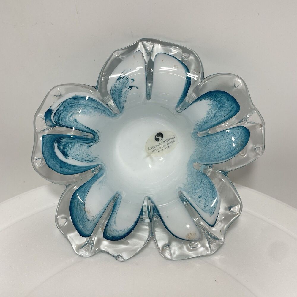 Murano Glass Flower Bowl Creazioni Silvestri Teal Blue White Swirl Foil Label